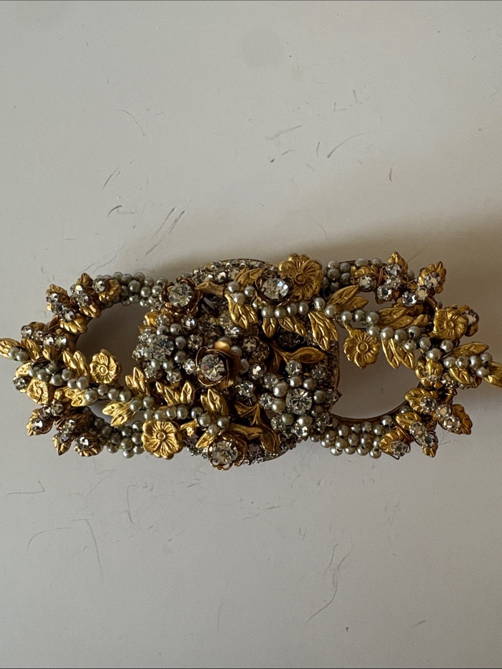 Stanley Hagler NYC Gold Floral Crystal and Pearl Brooch Pin